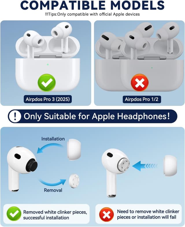 Detalle de 5 Pairs Replacement Ear Tips for AirPods Pro 3 (2025) with Dust Guard Screen + Cleaning Pen (XXS/XS/S/M/L) - White