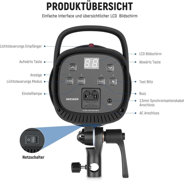 Detalle 2 de NEEWER 800W Studio Monolight Blitzlicht-Set S101 (2er Pack) mit RT-16 Auslöser, 5600K Einstelllampe und Bowens Mount
