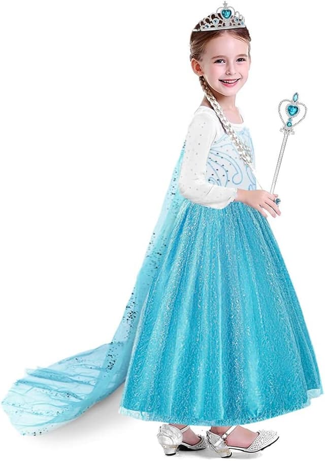 Detalle de URAQT Costume di Principessa “Verde Chiaro” con corona, bacchetta, guanti e treccia finta (100–150)