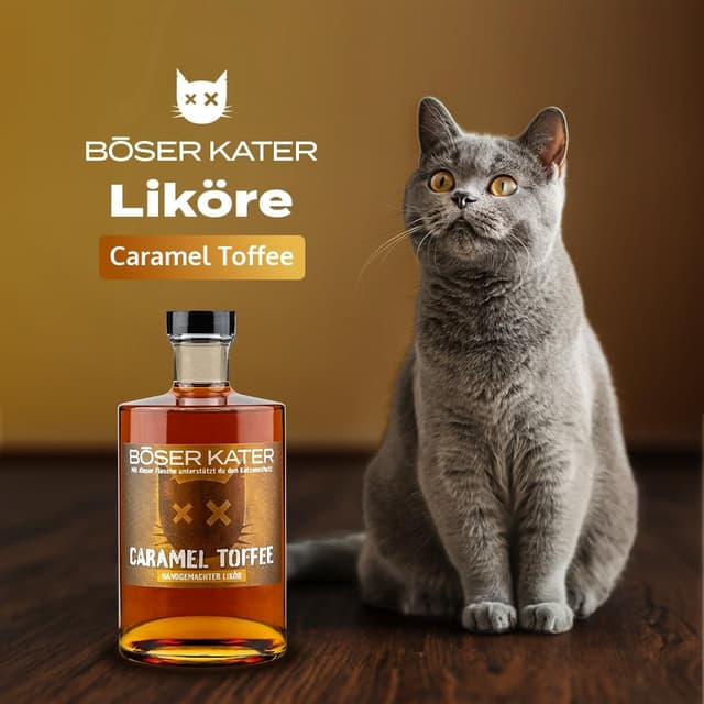 Detalle de BÖSER KATER Caramel Toffee Likör Geschenkset (0,5 l, 20 % Vol.) mit 2 Gläsern