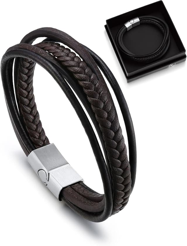 Detalle de Bandmax Herren Lederarmband im Wickel-Look mit Magnetverschluss, braun