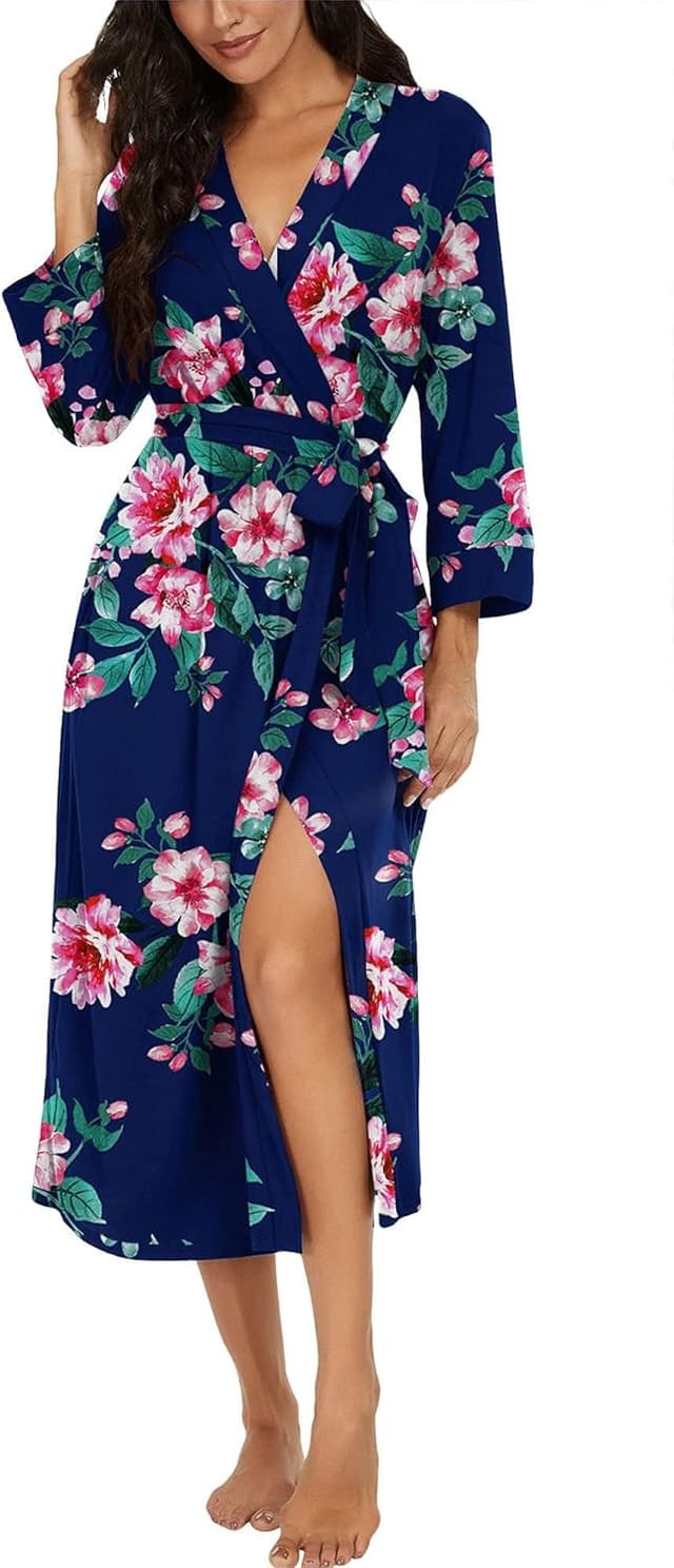 Detalle de PrinStory Women Long/Short Knit Kimono Bathrobe Dressing Gown with Pockets and Adjustable Sash