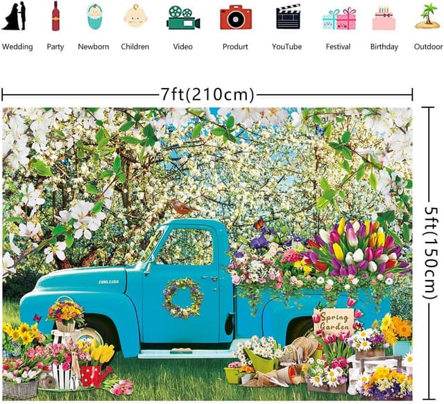 Detalle de BINQOO Frühlingsblumen-Hintergrund mit blauem LKW (Vinyl), 2,1 m x 1,5 m – Fotografie- & Deko-Backdrop für Frühling/Ostern