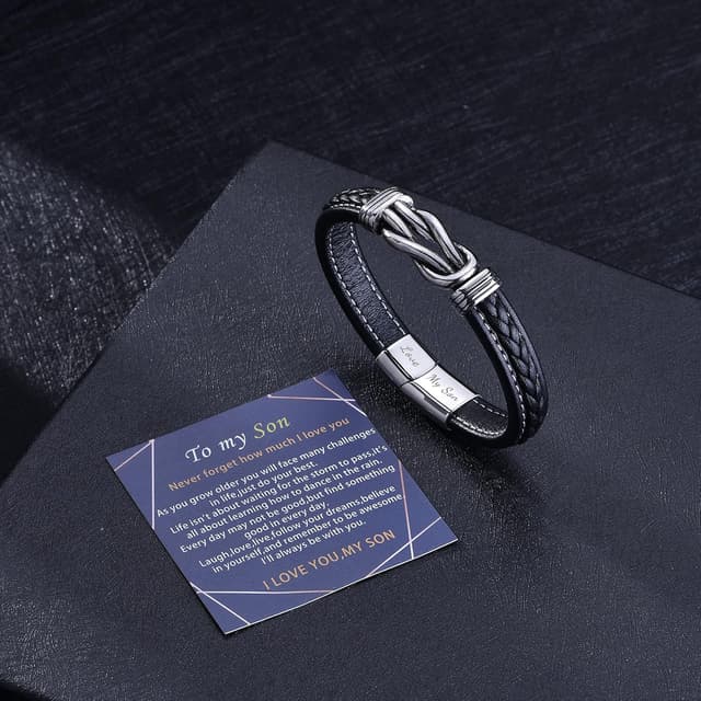 Detalle de To My Son Leather Bracelet with “Love My Son” Engraving and Stainless Steel Clasp – braided gift for men