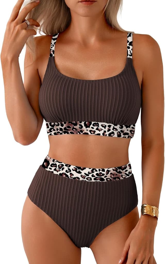 Thumbnail 6 de Herseas Women's Textured Bikini Sets Floral Print Trim Scoop Neck (High-Waisted)