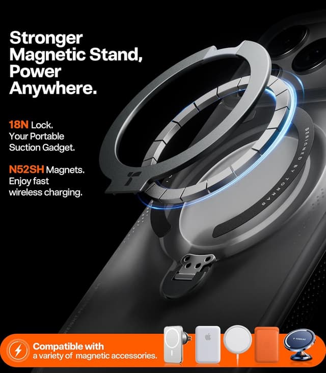 Detalle de TORRAS Ostand Q3 Air Case for iPhone 16 Pro Max (Black) with 360° Magnetic Stand & MagSafe