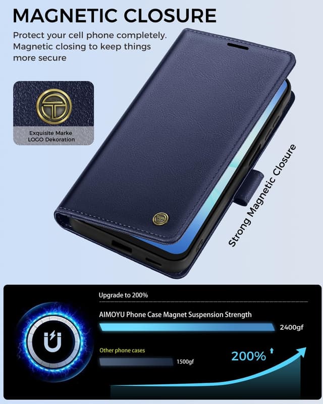 Detalle de AIMOYU Galaxy A17 5G Leather-Style Flip Wallet Case (Blue) with Kickstand, 4 Card Slots & RFID Blocking