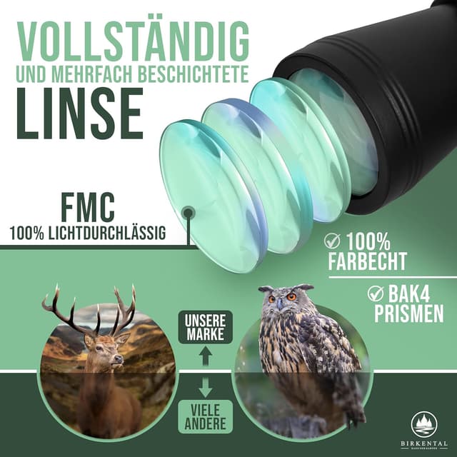 Detalle 2 de Birkental Fernglas 10x50 mit Dioptrienverstellung – HD Feldstecher für Brillenträger, BAK4-Prisma & FMC-Objektiv (schwarz)