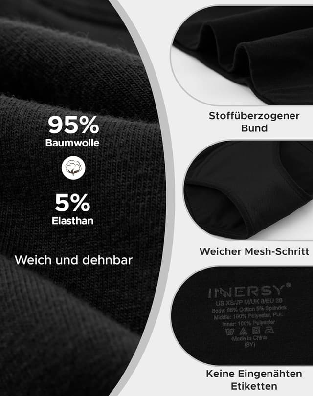 Detalle de INNERSY Culotte menstruelle à flux abondant taille haute, lot de 3 (coton lavable, 50 ml)