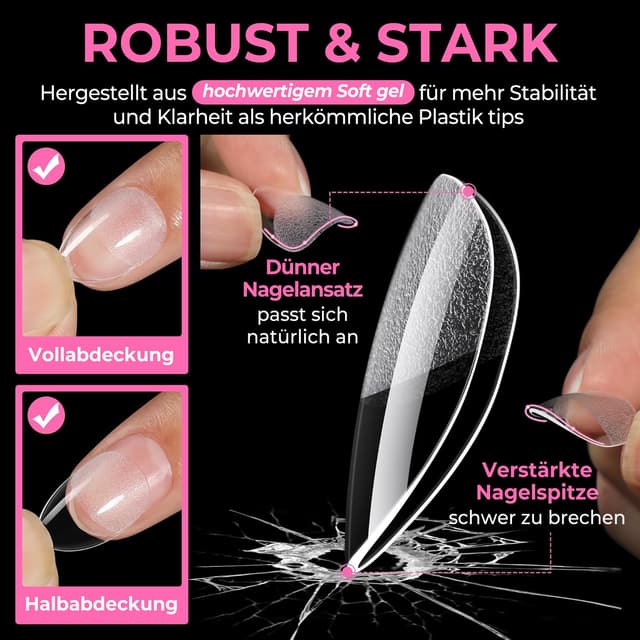 Detalle de UNA GELLA kurze Mandel Nageltips für Gelnägel – 216 Stück in 12 Größen (Soft Gel, Press-on Full Cover)