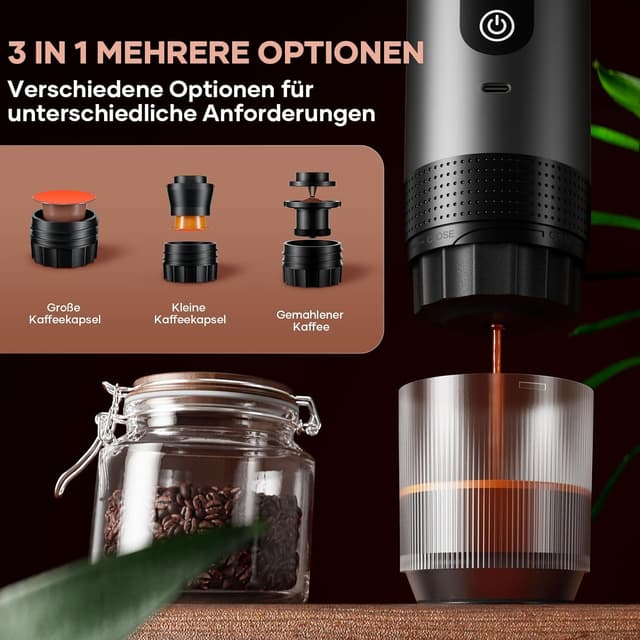 Detalle 2 de kejector Tragbare Espressomaschine mit Akku – 3-in-1 für gemahlenen Kaffee und Kapseln, für unterwegs