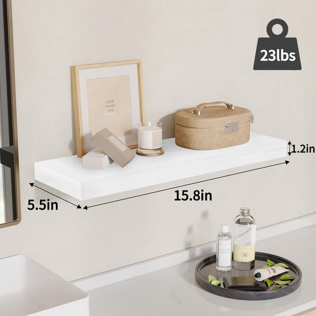 Detalle de Fixwal White Floating Wall Shelves (Set of 4) with Invisible Brackets, 15.8in Rustic Wood Finish