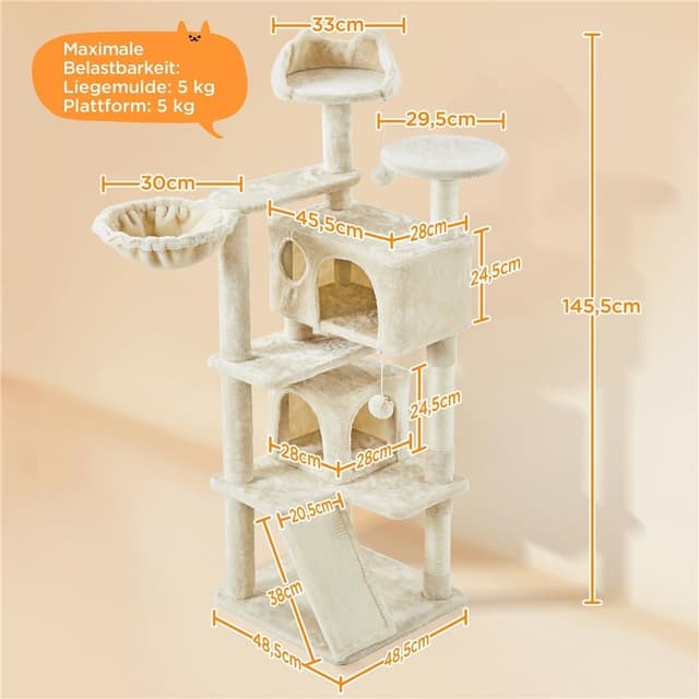 Detalle de Yaheetech Kratzbaum 145 cm mit 2 Katzenhöhlen und 3 Aussichtsplattformen (beige)