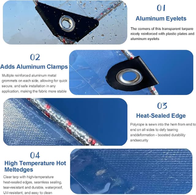 Detalle de LC&QS Clear Tarps Heavy Duty Waterproof 8x10ft Transparent Tarp with Grommets (Windproof Rope)