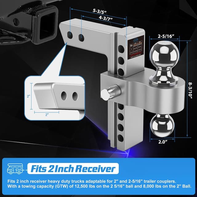 Detalle de Tlvuvmo Drop Hitch Adjustable Trailer Hitch for 2-Inch Receivers (8-Inch Drop/Rise, Dual Ball, Anti-Theft Pins)