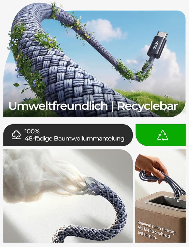 Detalle de LISEN 240W USB-C Kabel 2M+2M Schnellladekabel