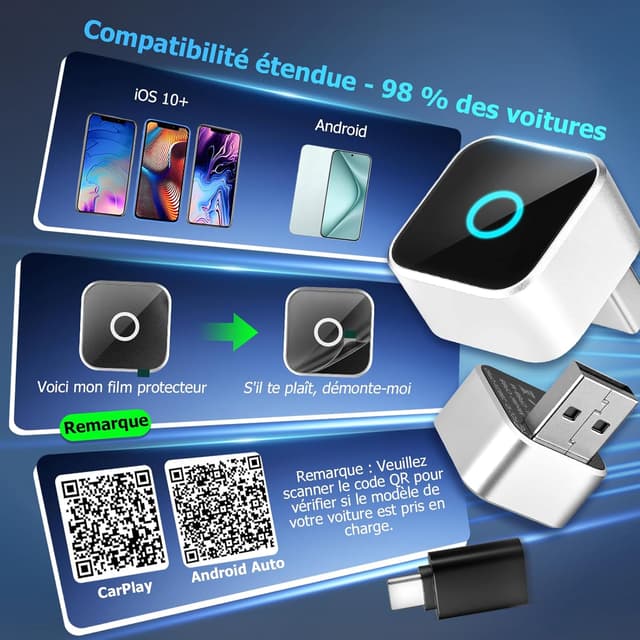 Thumbnail 6 de Mini adaptateur CarPlay sans fil 2 en 1 USB/Type-C (Plug & Play) pour Apple CarPlay & Android Auto