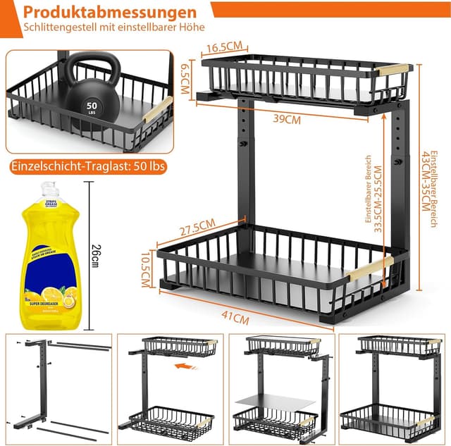 Detalle de OUUTMEE Küchen Organizer für unter dem Spülbecken – 2er-Set, höhenverstellbar 35,5–43 cm, Metall schwarz