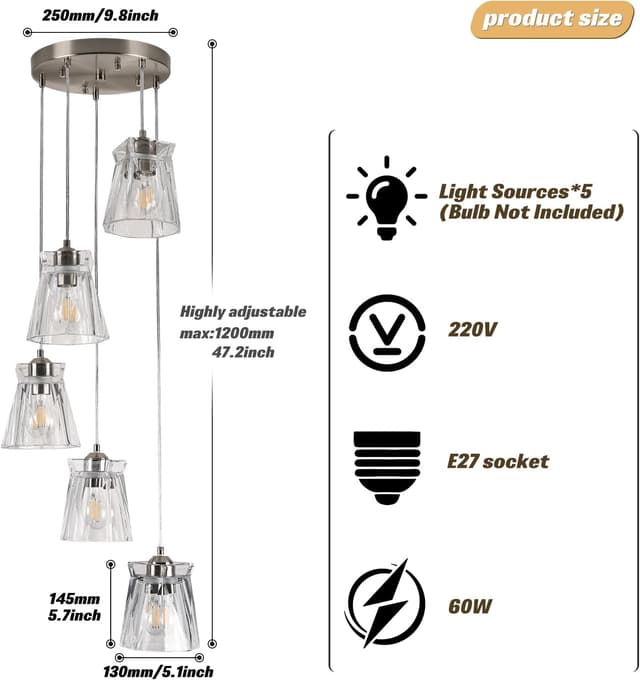 Detalle de FRIXCHUR chrome pendant light, 5 lights