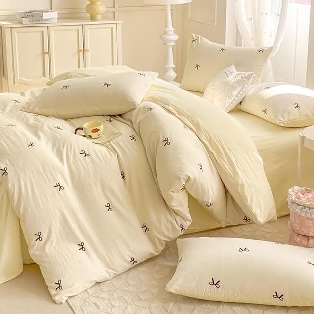 Detalle 1 de Parure de lit adulte Covebett réversible 220x240 cm blanc et jaune nœud papillon avec fermeture éclair