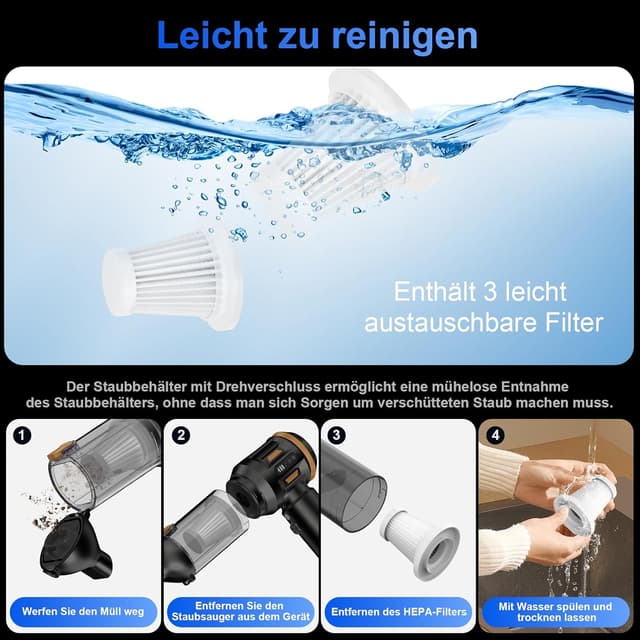 Detalle de Ludunbuy Handstaubsauger 26000 Pa (4-in-1), kabellos mit Digitalanzeige & 3 Stufen