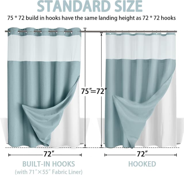 Detalle 2 de XOGUIBO No Hook Shower Curtain and Liner Set (Cyan Waffle) with Removable Fabric Liner