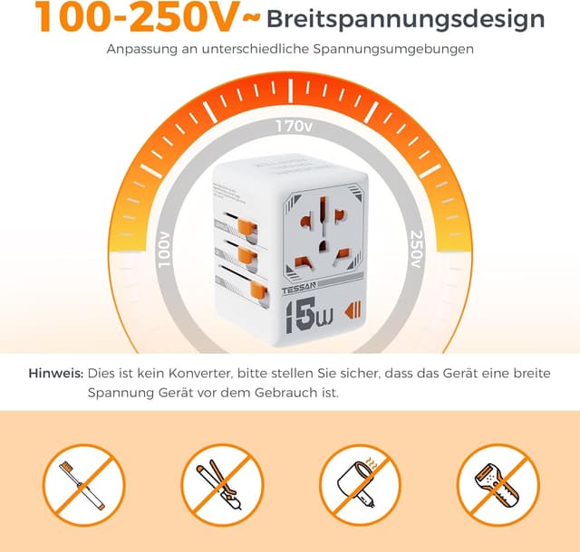 Thumbnail 6 de TESSAN Reiseadapter Weltweit: Universal Travel Adapter mit 1 USB-C, 2 USB-A und AC-Steckdose