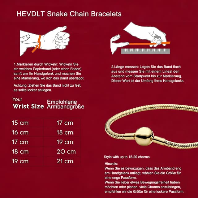 Detalle de Hevdlt Goldfarben Damenarmband aus 925er Sterling Silber – kompatibel mit Moments/Charms (17–21 cm)