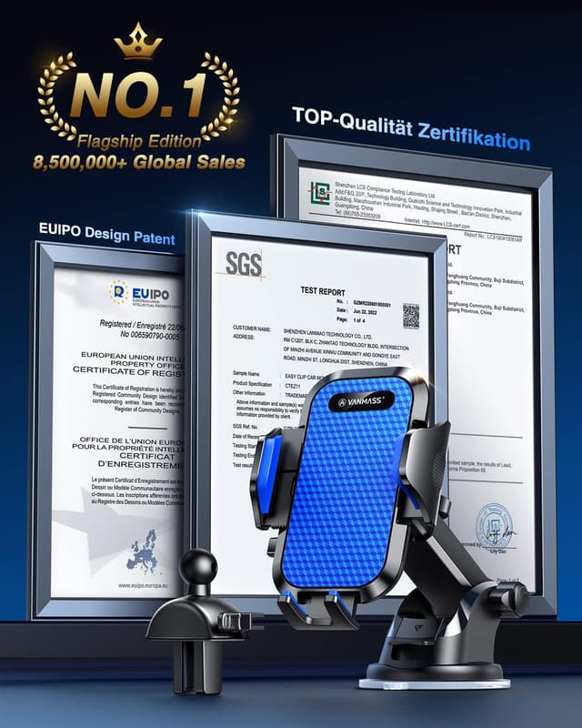 Detalle 2 de VANMASS Handyhalterung Auto 2026 Upgrade – super stabil mit Saugfuß & Lüftungsclip, 360° verstellbar