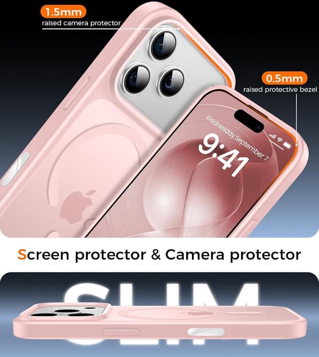 Detalle 2 de Guisessy Coque magnétique 3 en 1 pour iPhone 17 Pro Max (compatible MagSafe) avec verre trempé et bouton caméra - Rose clair