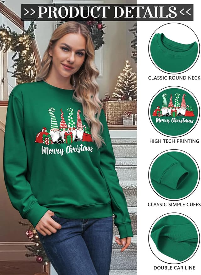Detalle de Yihelian Damen-Weihnachtssweatshirt mit 3 Wichtel-Print – Rundhalsausschnitt