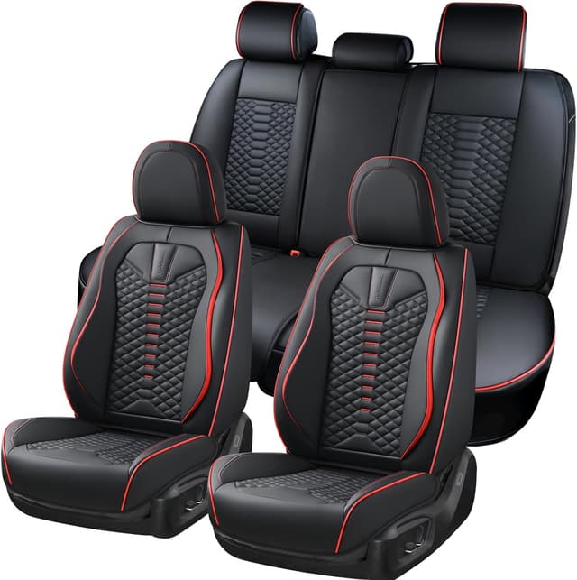 Detalle 2 de Coverado Coverado Seat Covers Full Set (Waterproof Nappa Leather), Universal 5-Seat Car Protectors for Most Cars—Black & Red