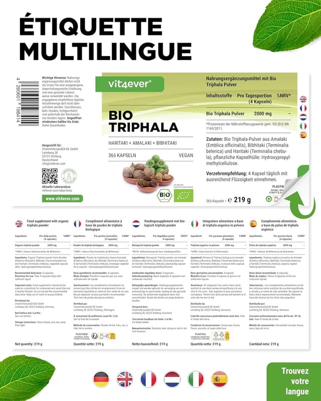 Detalle 2 de Triphala Bio haute dose 2000 mg (500 mg par capsule) – 365 capsules, poudre indienne Haritaki Amalaki Bibhitaki (végane)
