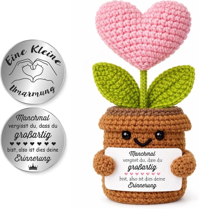 Detalle de Tixlux Pocket Hug Positive Herzpflanzen-Figur – handgenähte Strickwolle Herzpflanze mit Mini-Glücksbringer