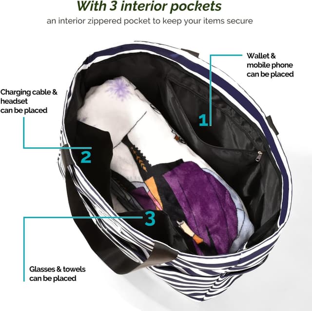 Detalle 2 de HOMESPON Large Waterproof Beach Tote Bag (Blue Stripes) with Zip & Pockets, Foldable