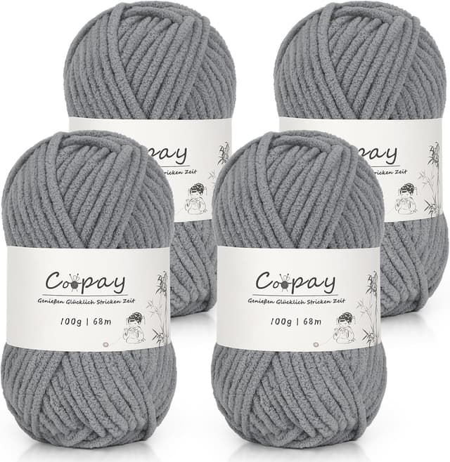 Detalle de Coopay Chenille Chunky – laine à tricoter épaisse 4 x 100 g, gris foncé