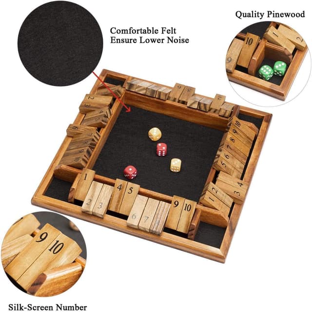 Detalle de Amerous AMEROUS 1–4 Players Shut The Box Dice Game with Wooden Board, 12 Dice & Instructions