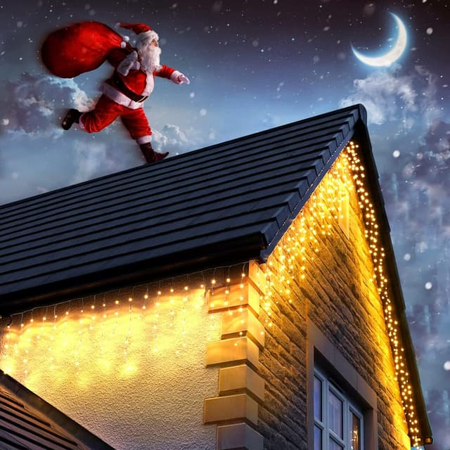 Detalle de Dalugo Icicle Outdoor Christmas Lights (15m + 10m, 480 warm white LEDs) with memory timer