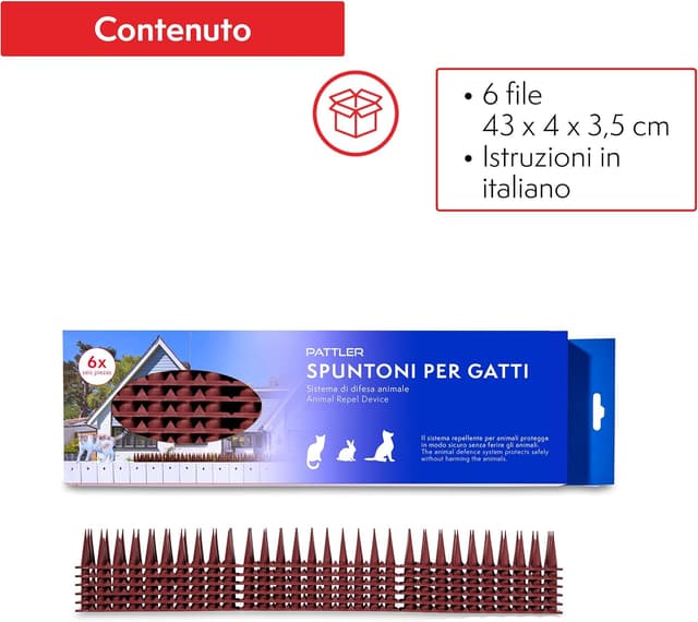 Detalle de PATTLER® 6 pezzi (3 file) marrone: dissuasori contro gatti e piccioni su balconi, tetto e davanzali