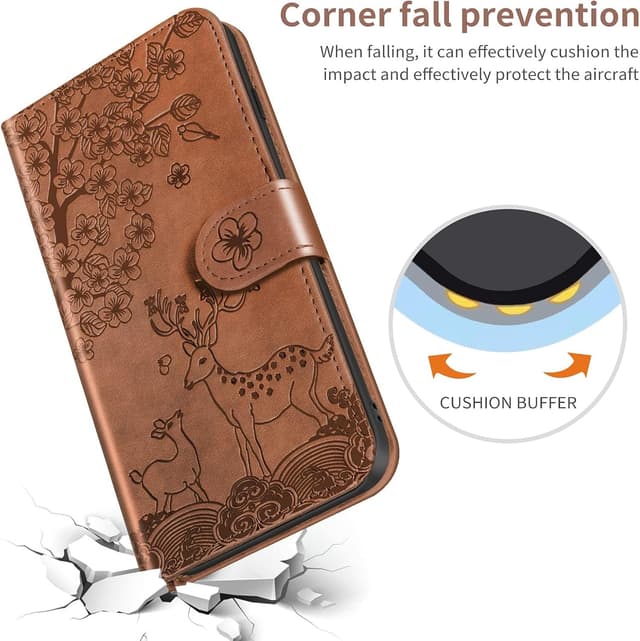 Detalle de Nbziyoo Embossed Deer Floral Flip Wallet Case for iPhone 13 Pro Max (Brown)