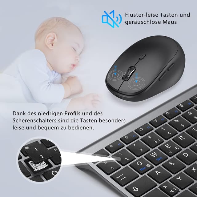 Detalle 2 de iClever Bluetooth Tastatur mit Maus (Dualmodus, 3 Geräte) – wiederaufladbar, USB & Bluetooth, QWERTZ (Grau)