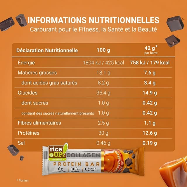 Detalle de RiceUP! Barre Protéinée Toffee Caramel au Collagène (12 x 42 g) – sans sucre ajouté