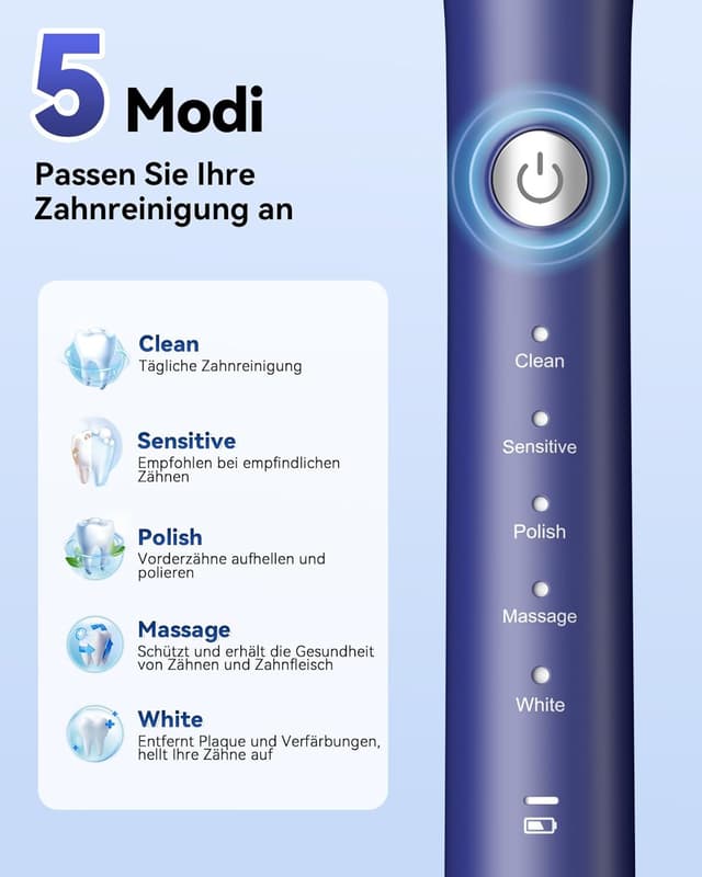 Detalle de JTF Elektrische Schallzahnbürste für Erwachsene – 5 Modi, 45 Tage Akkulaufzeit, IPX7 & 8 Bürstenköpfe (Blau)