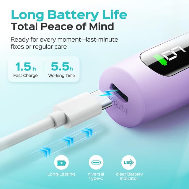 Detalle de COSLUS C52 Cordless Electric Nail Drill with LED Display (Acrylic Gel, Powder) — Purple