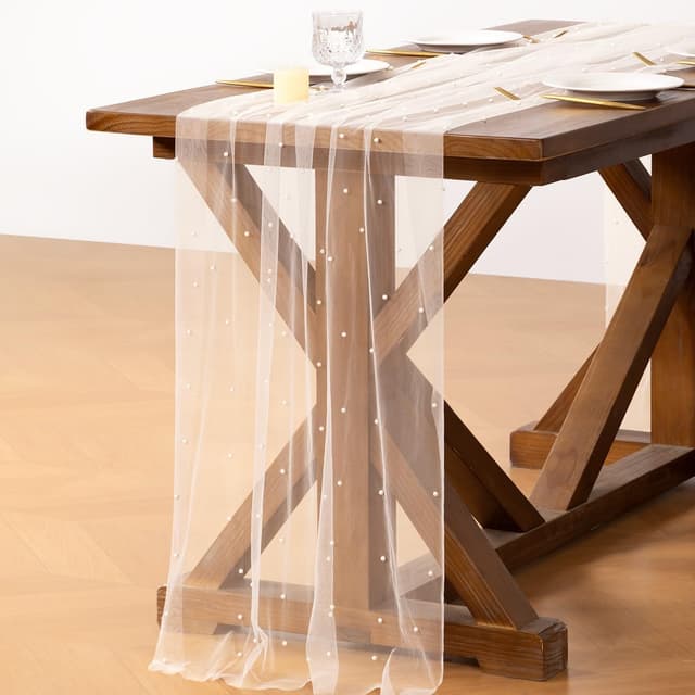 Detalle 2 de Socomi Pearl Tulle Table Runner Gauze (Ivory White) 29" x 120" for Easter, Weddings & Parties