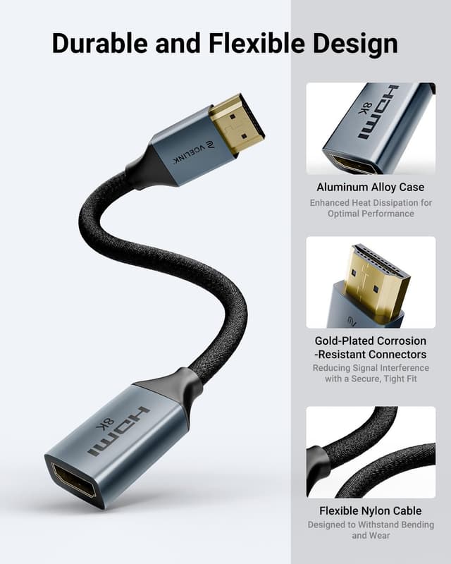 Detalle de VCELINK 8K/4K HDMI Extension Cable (Male to Female) 18cm, 2-Pack – 48Gbps, up to 8K@60Hz or 4K@120Hz