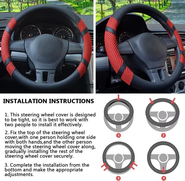 Detalle de Pahajim PU leather steering wheel cover (Red) – 38cm, breathable non-slip grip