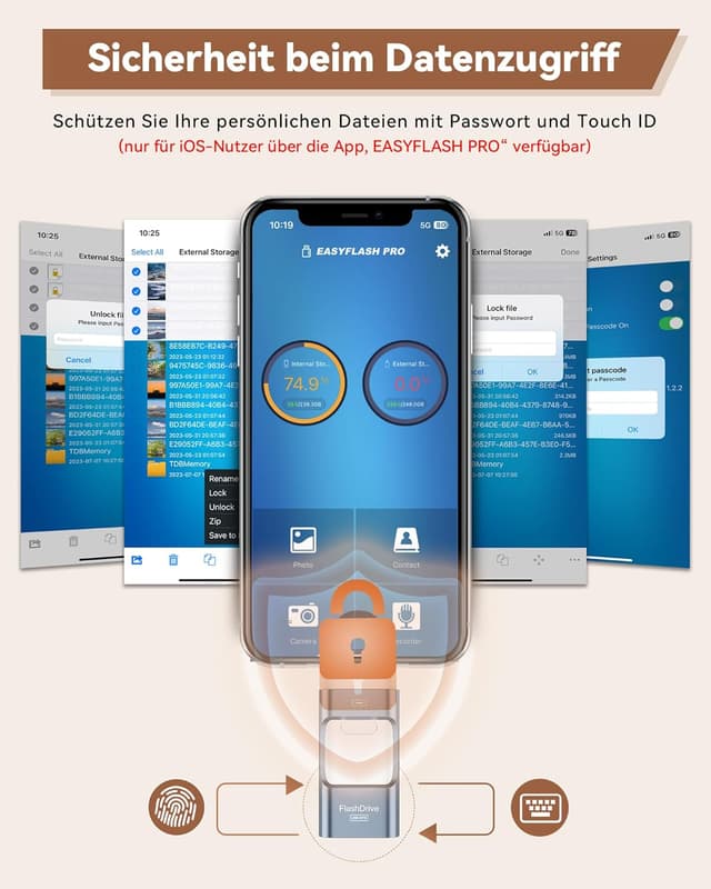 Detalle de ZARMST 512 GB USB-Stick für iPhone, Android, PC & Tablets (4-in-1, USB 3.0, USB-C/microUSB/Lightning-ähnliche Nutzung) – Blau