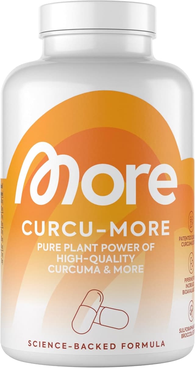 Detalle de MORE Curcumore Kurkuma-Kapseln (180 g) mit Curcuminoiden, Sulforaphan und Piperin – vegan
