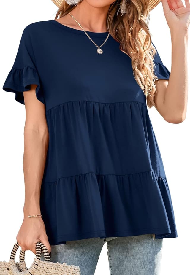 Detalle de Neineiwu Damen Rundhals-T-Shirt mit Rüschensaum, kurzarm Sommerbluse (S–XXL)